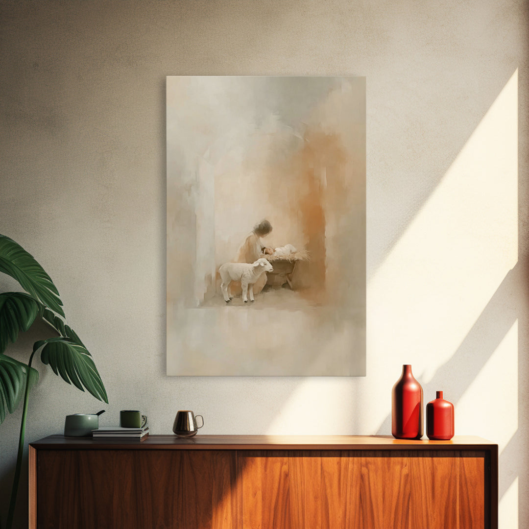 Blessed Manger Scene | Framed Canvas Print | Christian Art Print | Christian Christmas Decorations | Jesus Christmas Art | Christian Painti