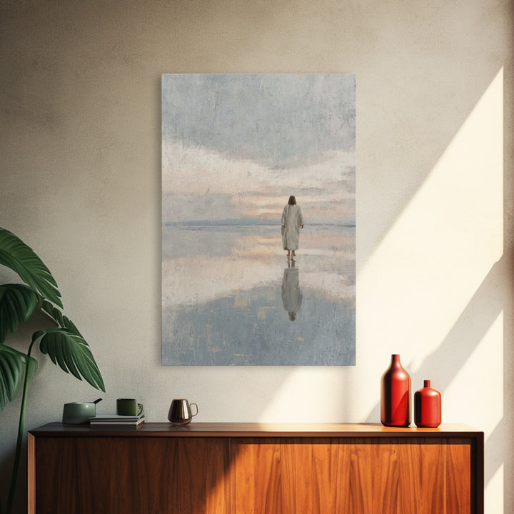Quiet Water Crossing, Framed Canvas Print, Christian Wall Art, Jesus Painting, Christian Art Canvas, Christian Christmas Art, Christian Dec