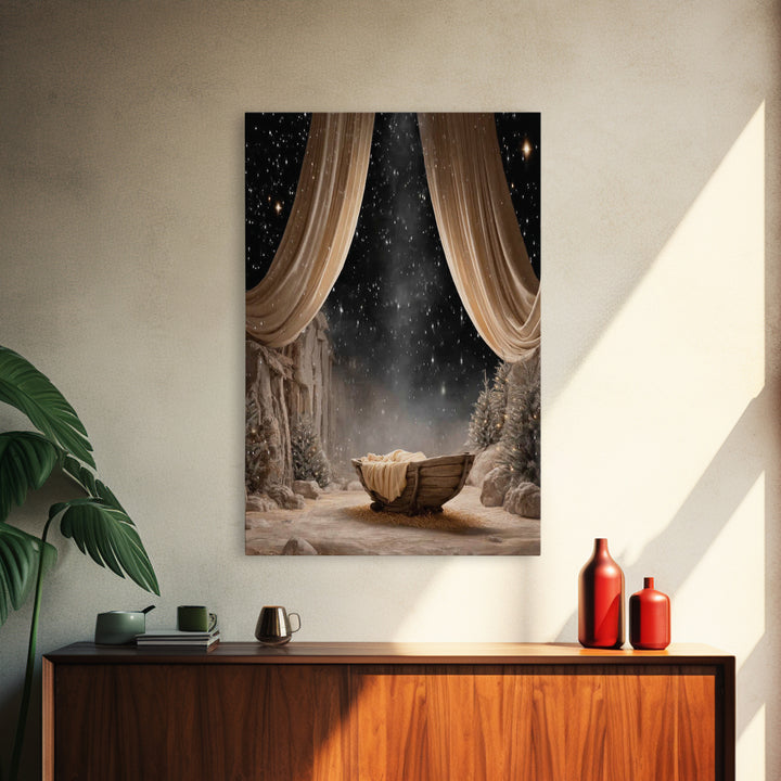 Starry Night Cradle | Framed Canvas Print | Christmas Wall Art | Christian Christmas Art | Christmas Canvas Wall Art | Framed Christmas Art