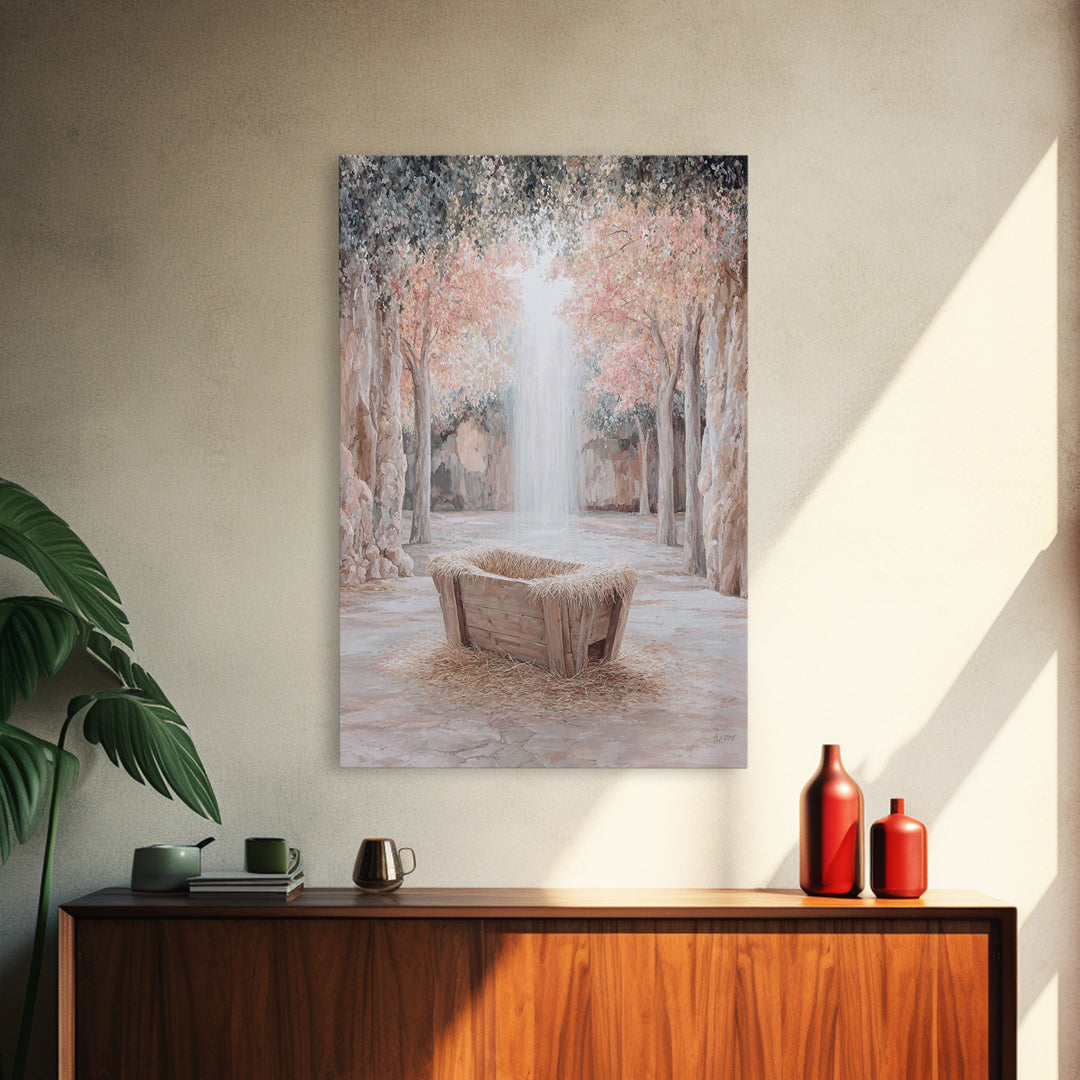 Garden Manger Glow, Framed Canvas Print, Christian Wall Art, Christian Art Canvas, Christmas Art Prints, Modern Christian Art, Christian Ch
