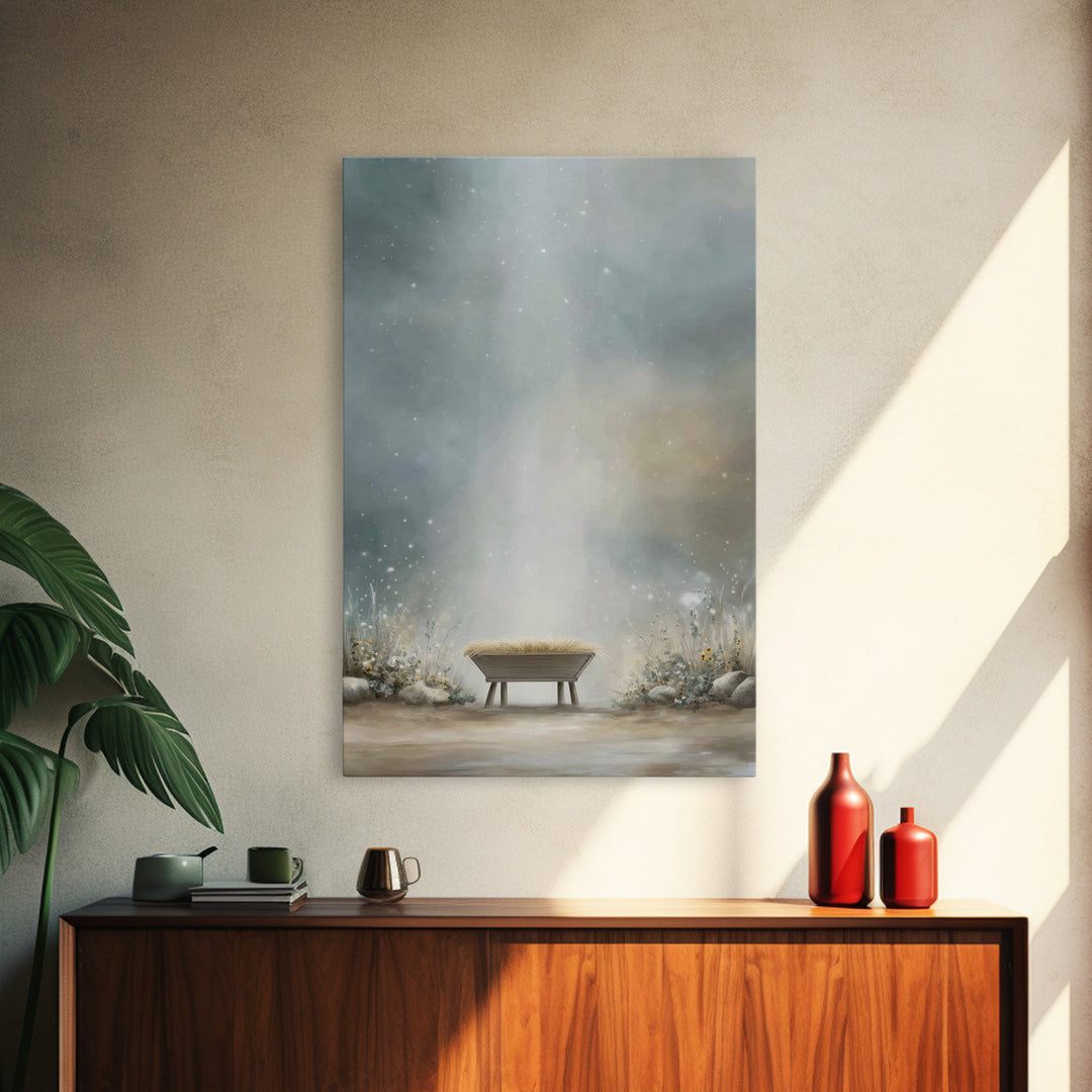 Heaven’s Gentle Cradle – Framed Canvas Print – Christmas Wall Art – Christian Christmas Art – Christian Art Canvas – White Christmas Art –