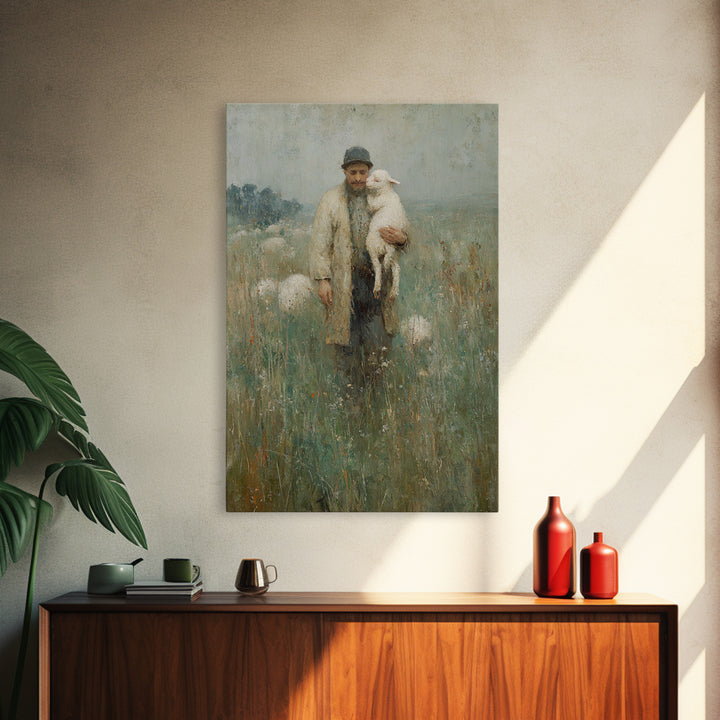 Guardian Of Lambs | Framed Canvas Print | Jesus Wall Art | Christian Art Canvas | Modern Christian Painting | Christian Art | Christian Dec