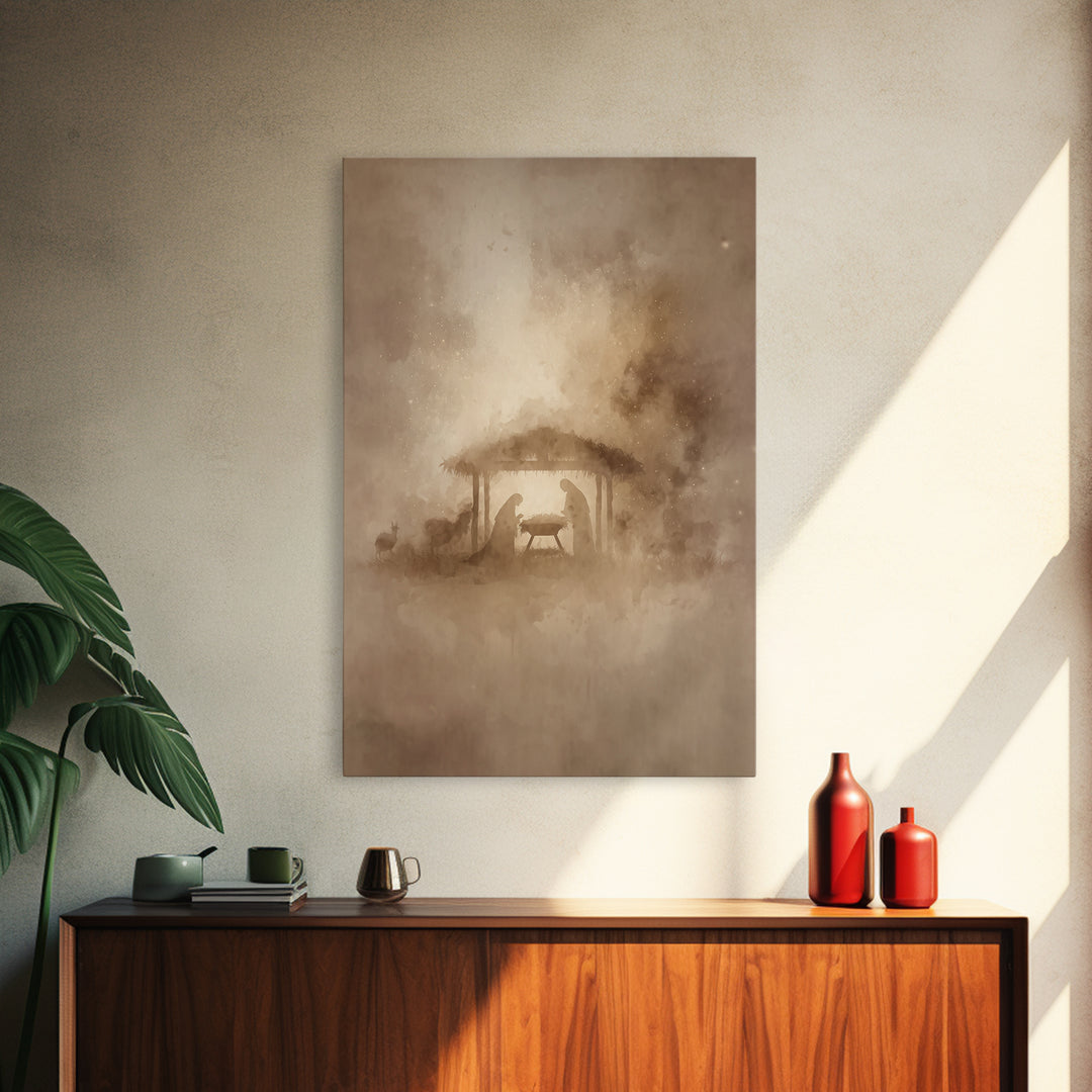 Silent Night Stable – Framed Canvas Print – Christmas Art – Christian Christmas Art – Christian Wall Art – Christian Art Canvas – Christian