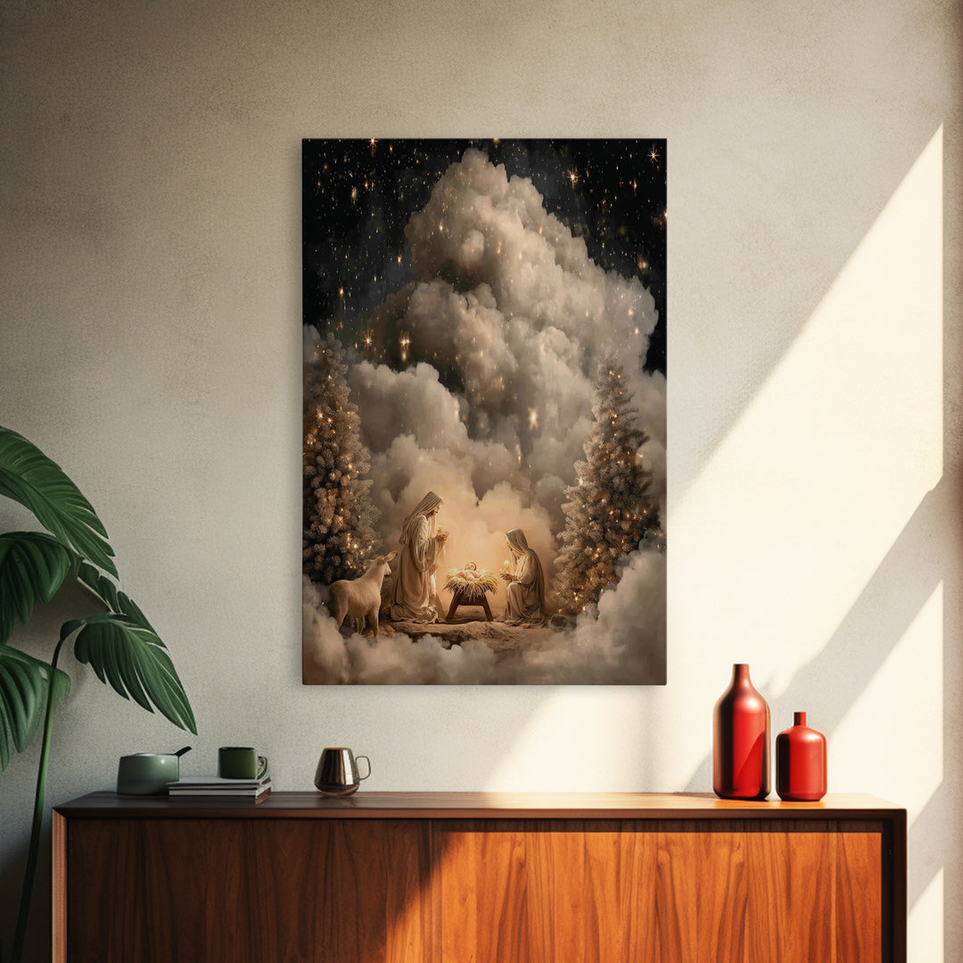 Heavenly Nativity Glow | Framed Canvas Print | Christian Wall Art | Christian Art Canvas | Christmas Art | Christian Christmas Art | Christ