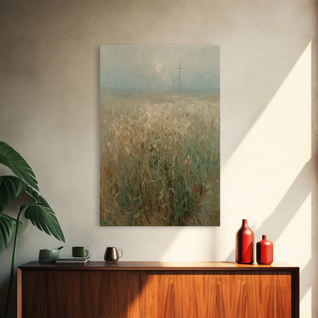 Wheatland Cross, Framed Canvas Print, Christian Art Canvas, Christian Wall Art, Vintage Christian Art, Christian Gift, Subtle Christian Art