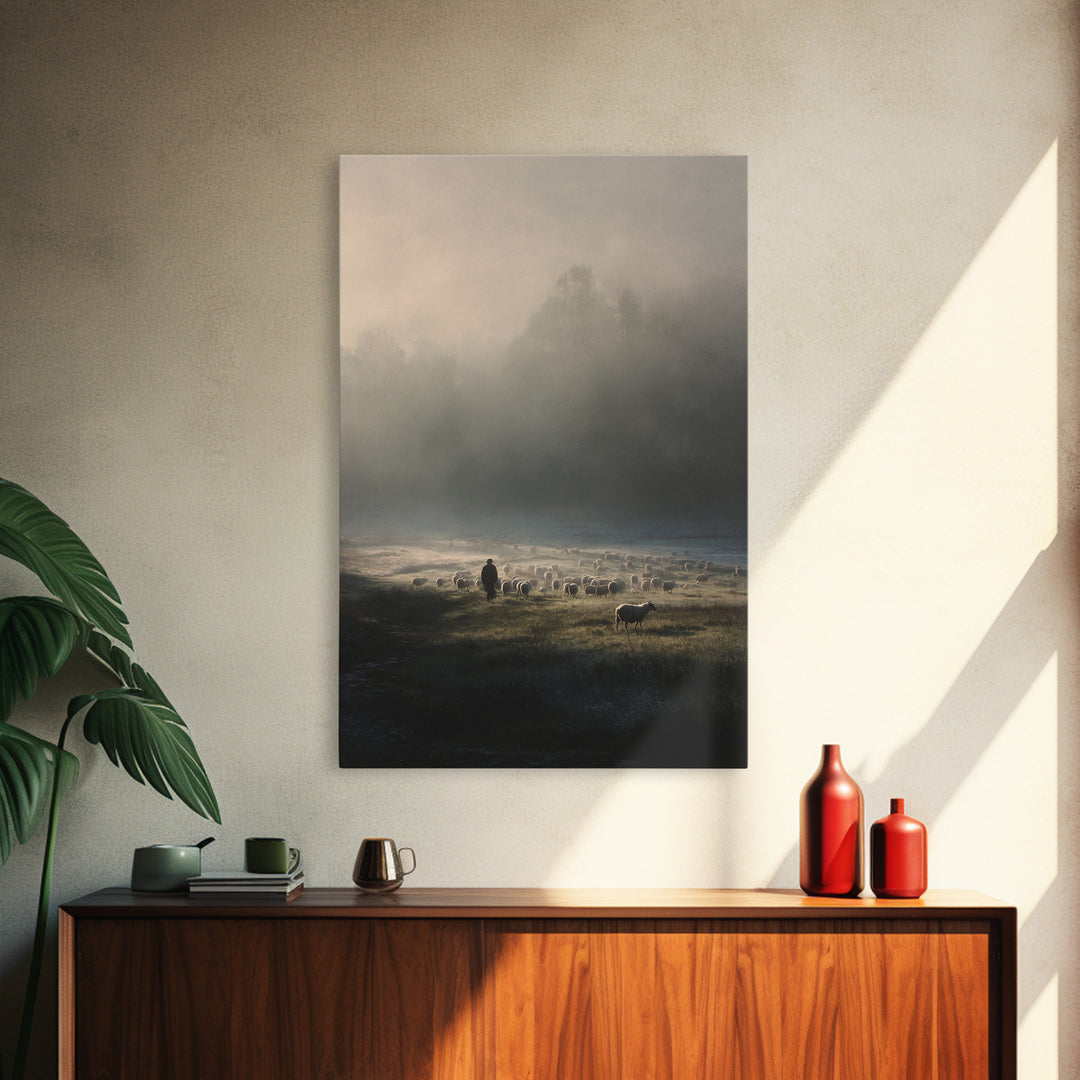 Shepherd’s Calm – Framed Canvas Print – Christian Art Canvas – Christian Wall Art – Jesus Painting – Pastoral Scenery – Christian Art Print