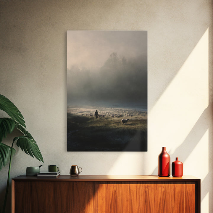 Shepherd’s Calm – Framed Canvas Print – Christian Art Canvas – Christian Wall Art – Jesus Painting – Pastoral Scenery – Christian Art Print