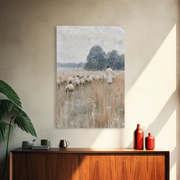 Shepherd In Stillness – Framed Canvas Print – Christian Wall Art – Christian Art Canvas – Jesus Painting – Vintage Christian Art – Christia