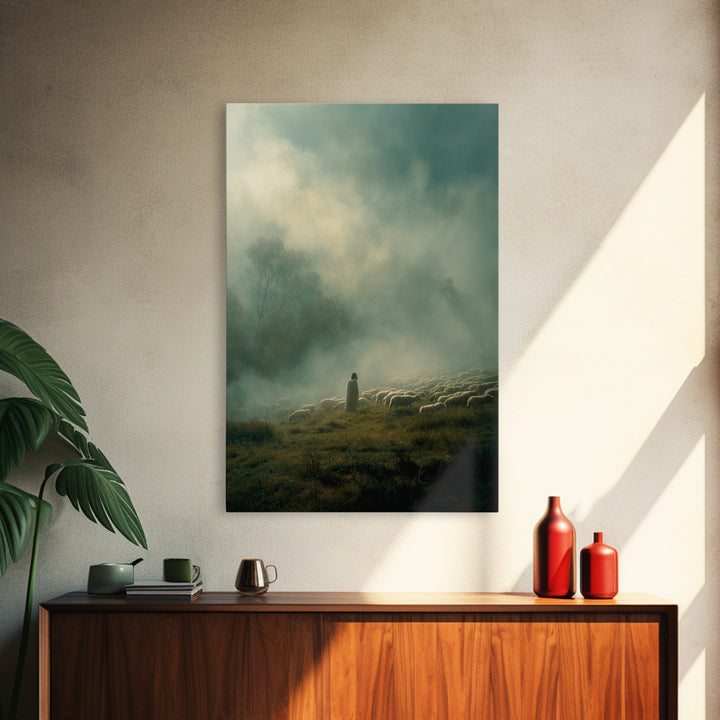 Guiding Shepherd – Framed Canvas Print – Christian Wall Art – Christian Art Canvas – Jesus Painting – Pastoral Scenery – Moody Christian Ar