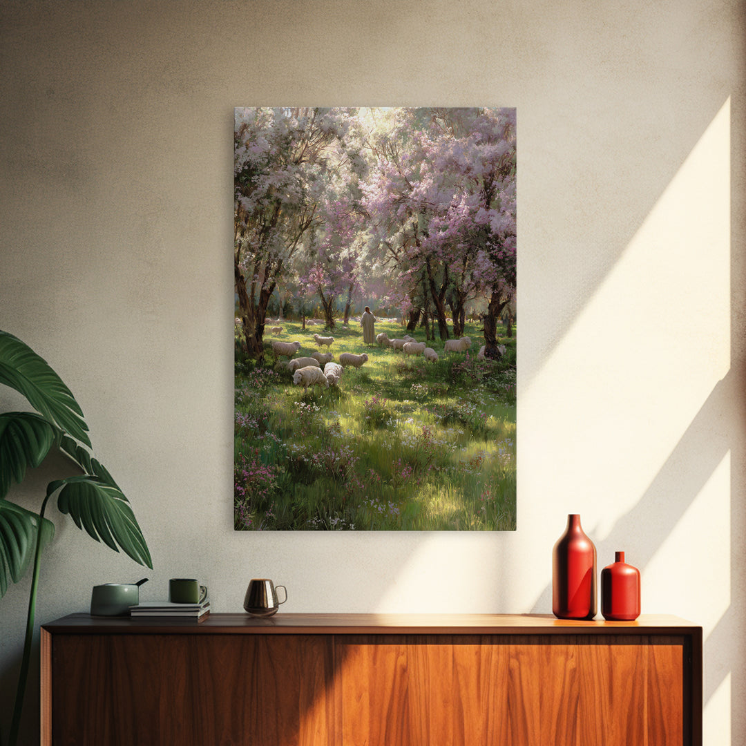 Garden Of The Shepherd, Framed Canvas Print, Christian Art Canvas, Jesus Painting, Christian Wall Art, Christian Gift Ideas, Vintage Christ