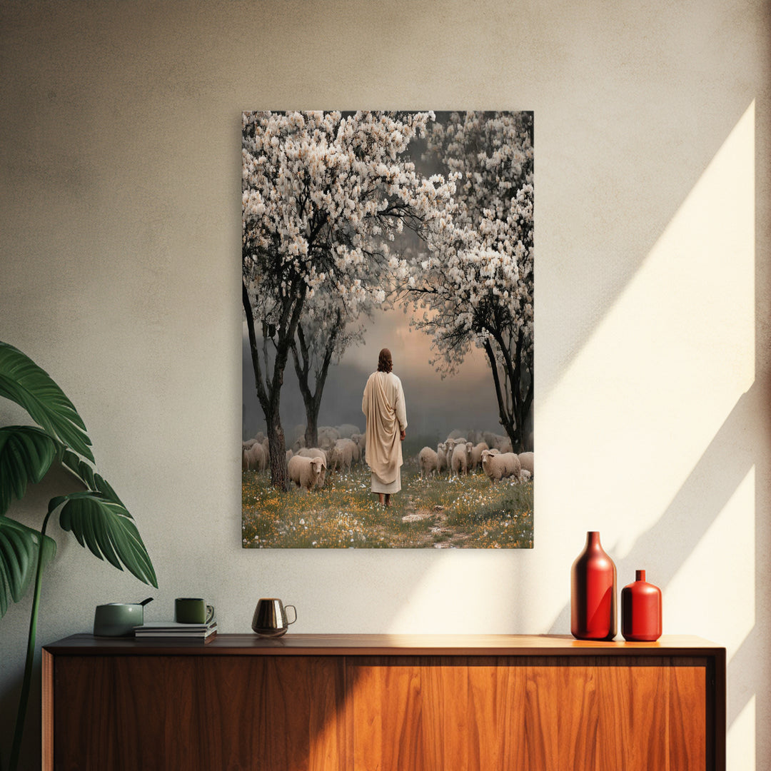 Springtime Shepherd Calm, Framed Canvas Print, Christian Wall Art, Christian Art Canvas, Christian Art Gift, Jesus Painting, Christian Pain