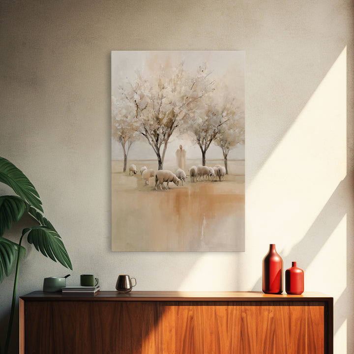Quiet Pasture Peace, Framed Canvas Print, Christian Wall Art, Christian Art Canvas, Jesus Painting, Christian Christmas Art
