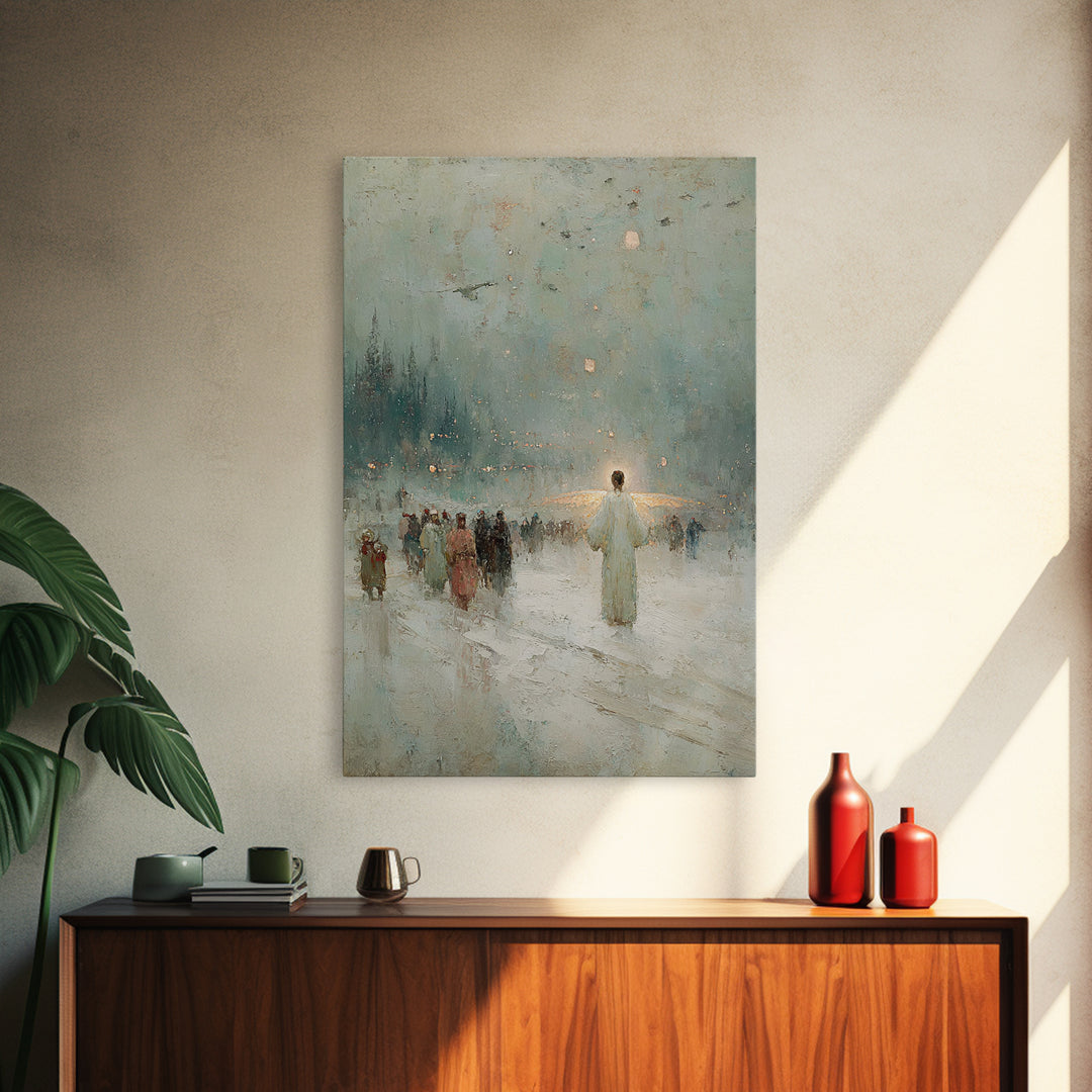 Silent Gathering Grace – Framed Canvas Print – Christian Christmas Art – Christian Wall Art – Moody Christmas Art – Christian Art Canvas –