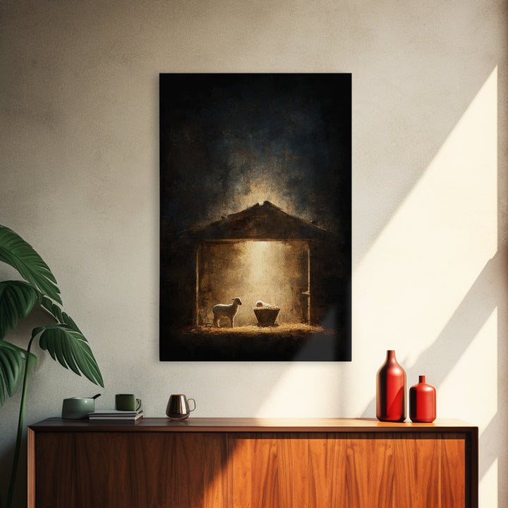 Holy Night Shelter – Framed Canvas Print – Christian Wall Art – Christmas Art – Christian Art Canvas – Moody Christmas Art – Christian Chri