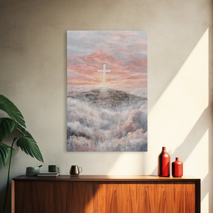 Hilltop Sunrise Cross, Framed Canvas Print, Christian Wall Art, Christian Art Print, Large Christian Painting, Christian Home Decor