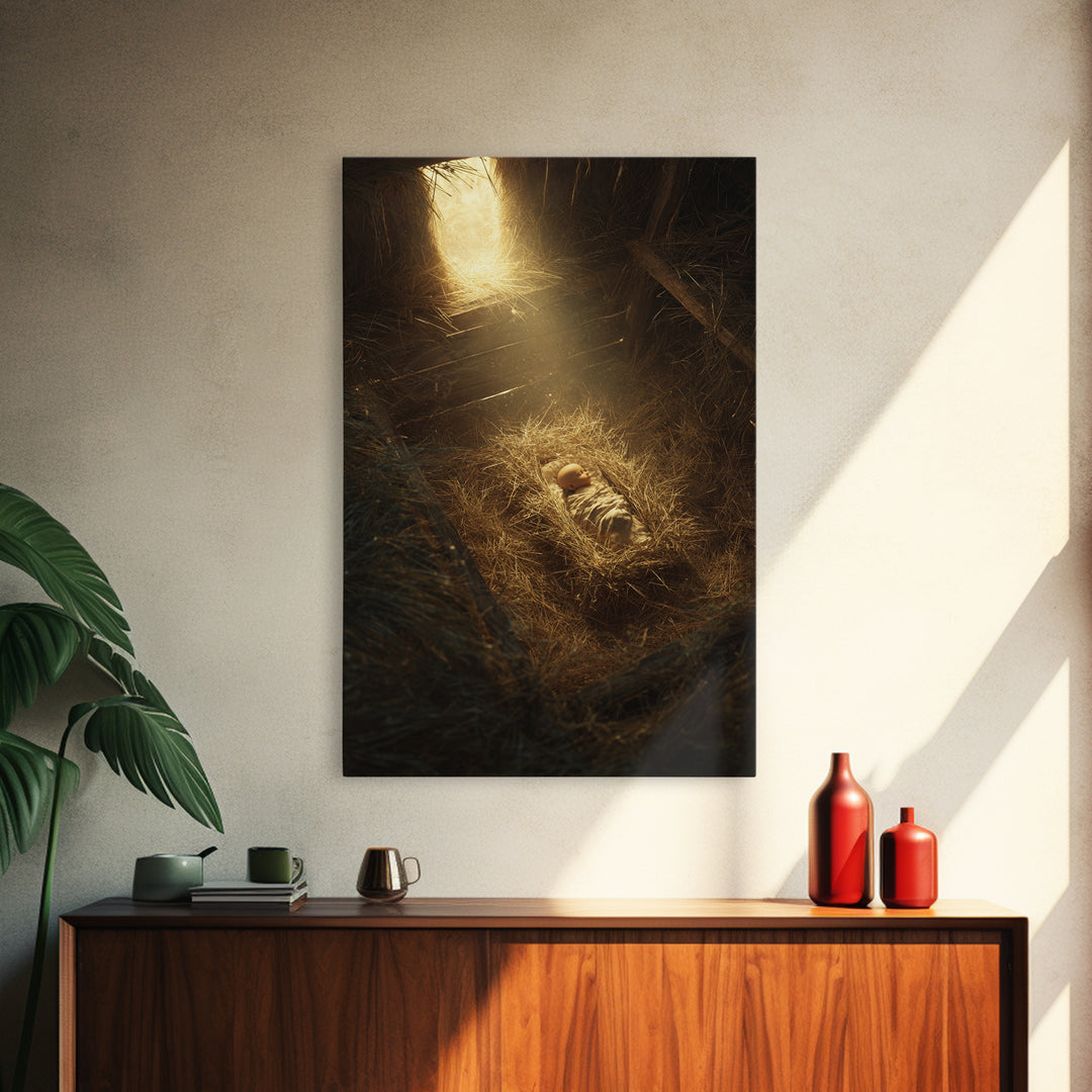 Holy Manger Light – Framed Canvas Print – Christian Christmas Art – Christian Wall Art – Christian Art Canvas – Christian Decor – Christian