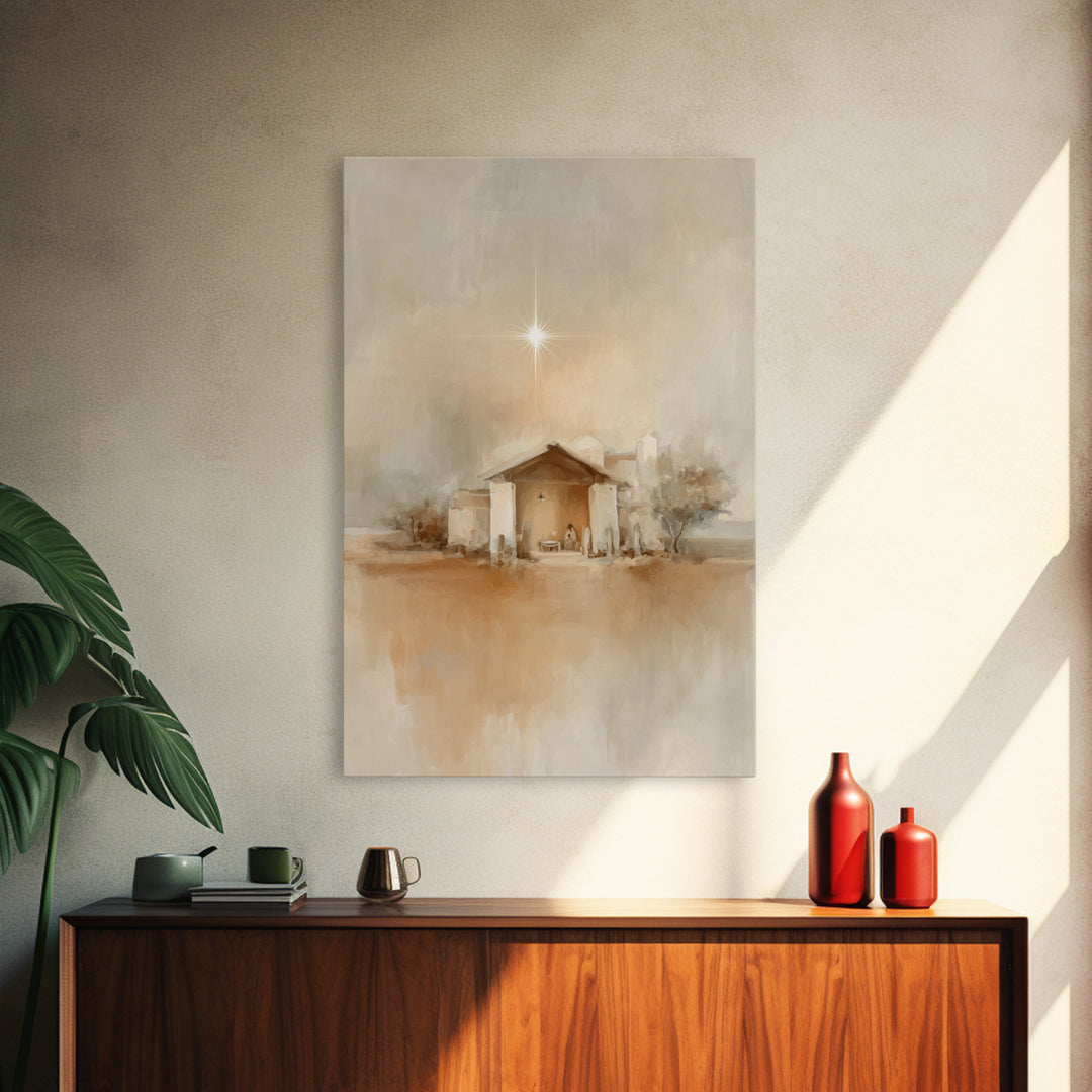 Sacred Shelter | Framed Canvas Print | Christian Wall Art | Christian Christmas Art | Jesus Painting | Modern Christian Art | Christmas Can