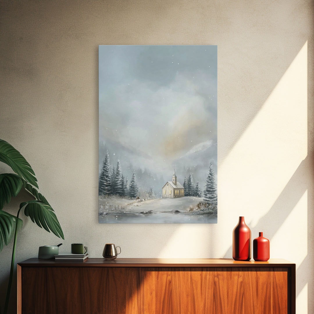 Winter Chapel Light | Framed Canvas Print | Christmas Art Prints | Christian Wall Art | Christian Christmas Decor | Christian Art Canvas |