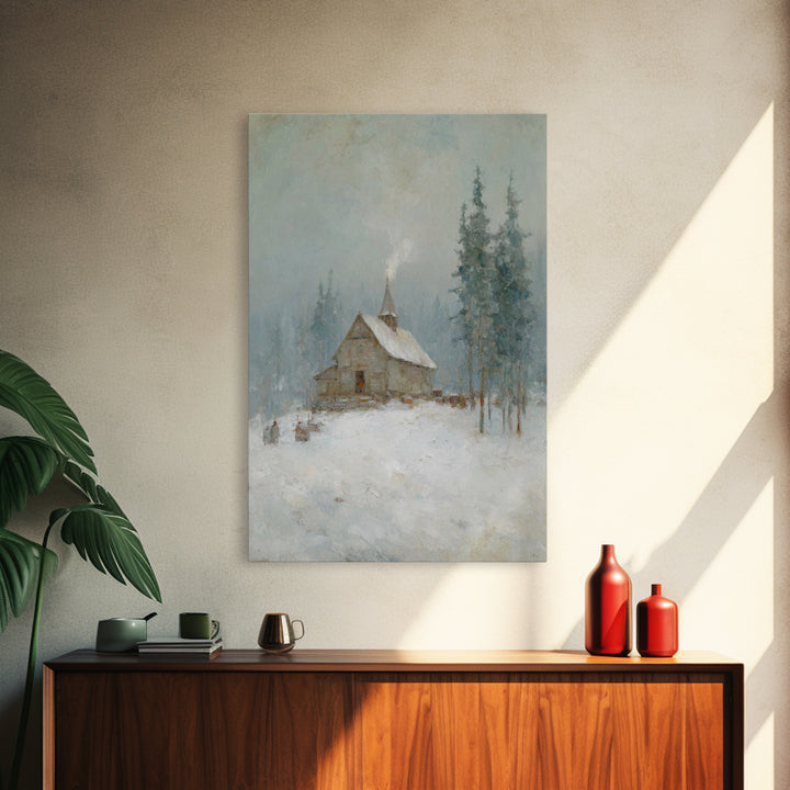 Snowfall Chapel | Framed Canvas Print | Christian Art Canvas | Christmas Art Work | Christian Christmas Art | Christian Wall Art | Christia