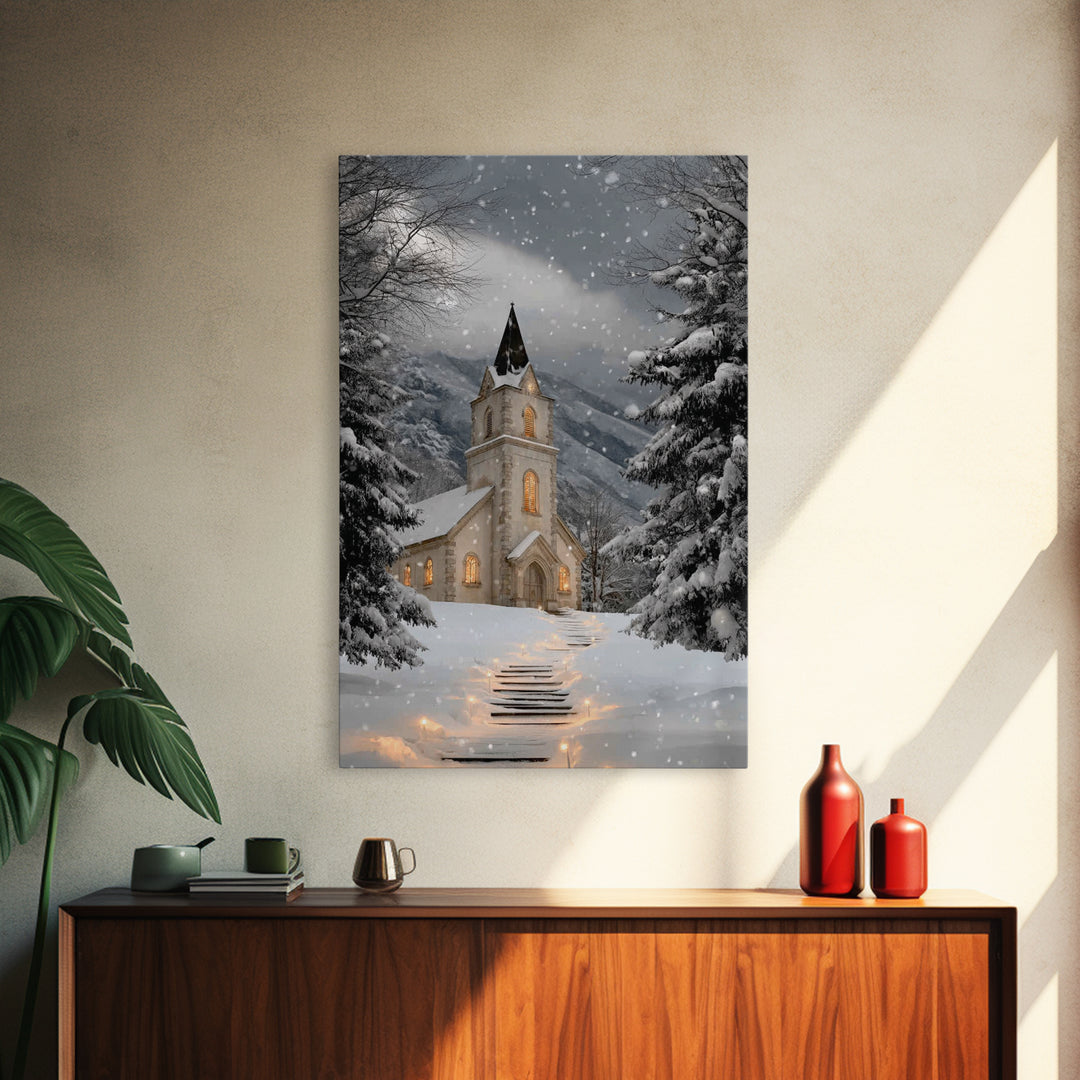 Snowfall Chapel – Framed Canvas Print – Christmas Wall Art – Christian Christmas Art – Framed Christmas Art – Christmas Art Work – Christia