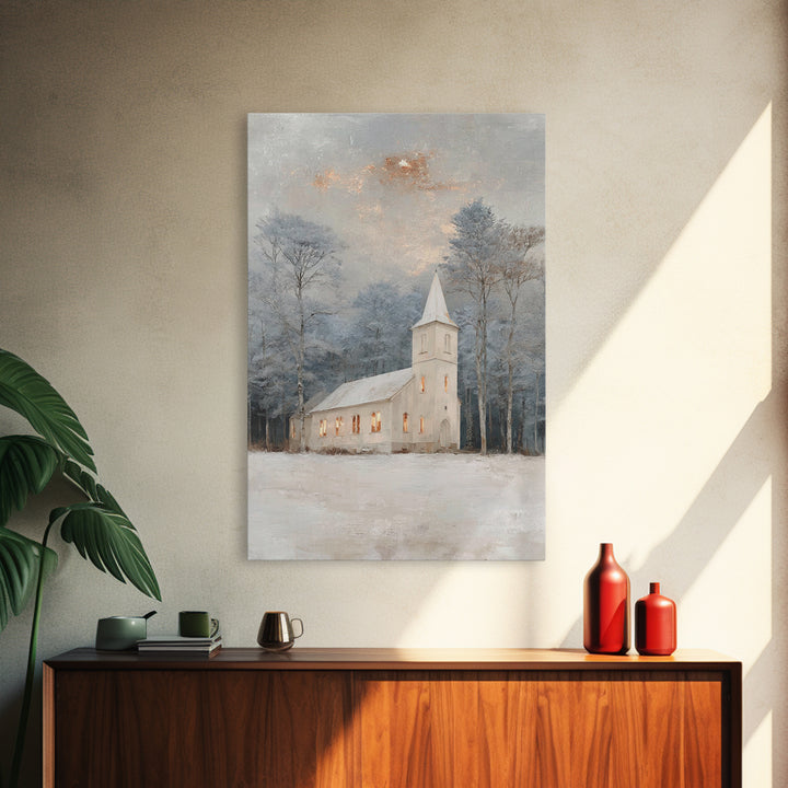 Frosted Chapel – Framed Canvas Print – Christian Wall Art – Christian Christmas Art – White Christmas Art – Christmas Canvas Wall Art – Chr