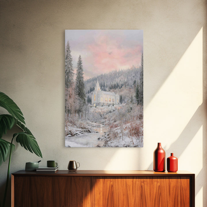 Winter Chapel Light – Framed Canvas Print – Christian Wall Art – Christian Art Canvas – Christmas Art – Christian Christmas Art