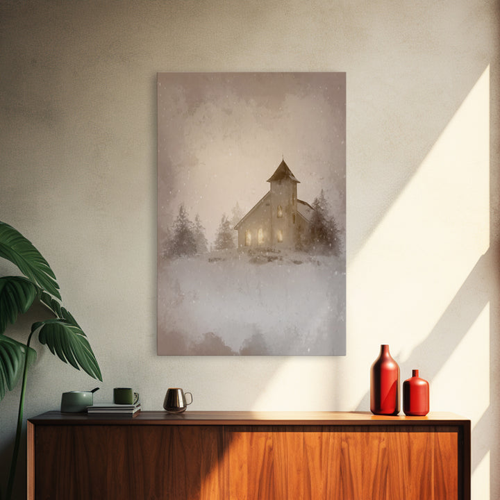 Silent Chapel Glow, Framed Canvas Print, Christian Wall Art, Christian Art Canvas, Christmas Art, Christian Holiday Art