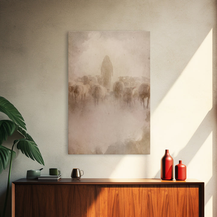 Shepherd In Haze | Framed Canvas Print | Christian Wall Art | Jesus Painting | Christian Art Canvas | Vintage Christian Art