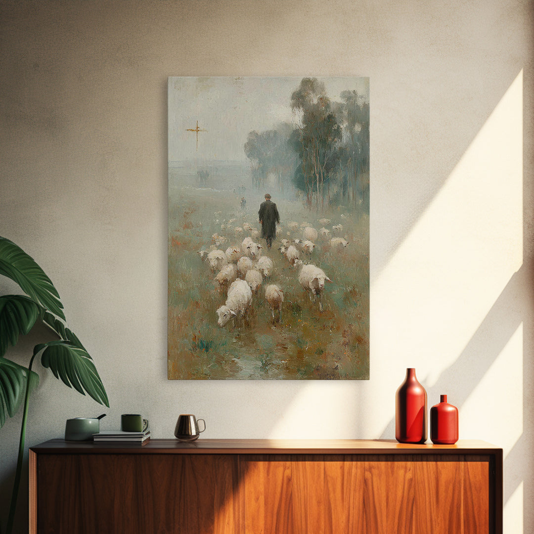 Misty Pasture Walk, Framed Canvas Print, Christian Wall Art, Christian Art Canvas, Jesus Painting, Christian Gift