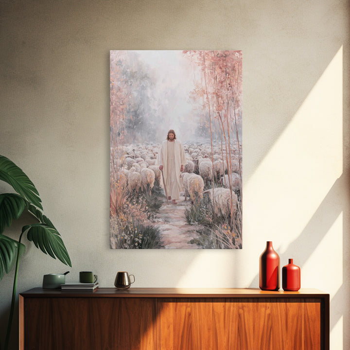 Morning Flock Peace – Framed Canvas Print – Christian Wall Art – Christian Art Canvas – Pastoral Scenery – Christian Decor