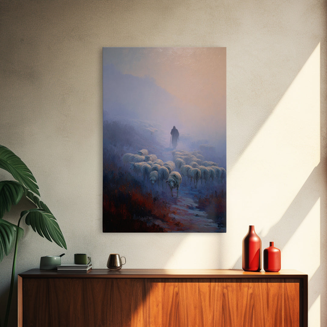 Shepherd’s Dawn Path | Framed Canvas Print | Christian Art Canvas | Christian Wall Art | Pastoral Scenery | Moody Christian Art