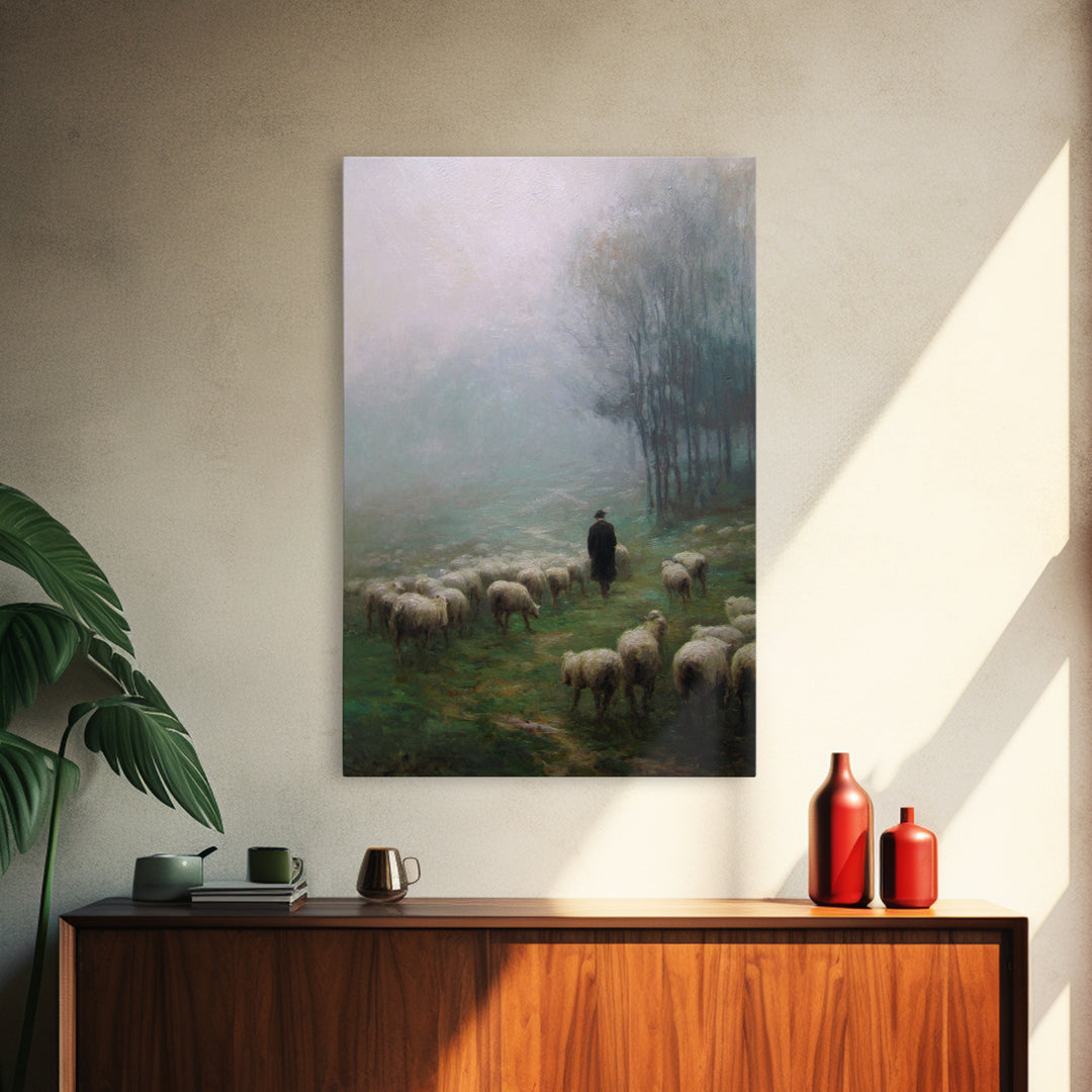 Misty Shepherd Field – Framed Canvas Print – Christian Art Canvas – Christian Wall Art – Pastoral Scenery – Moody Christian Art