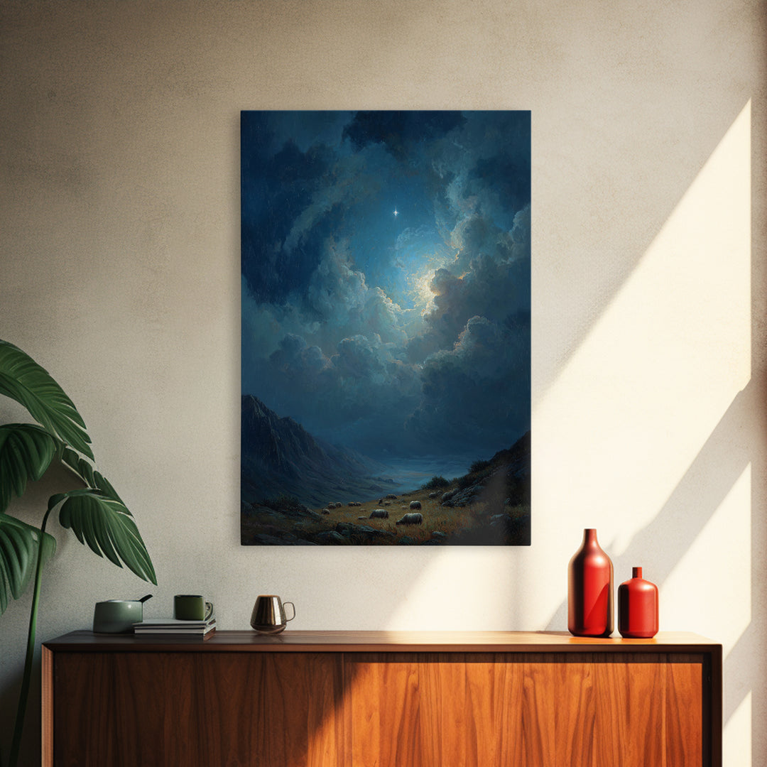Night Star Valley – Framed Canvas Print – Christian Wall Art – Christmas Art – Christian Christmas Art – Christian Art Canvas