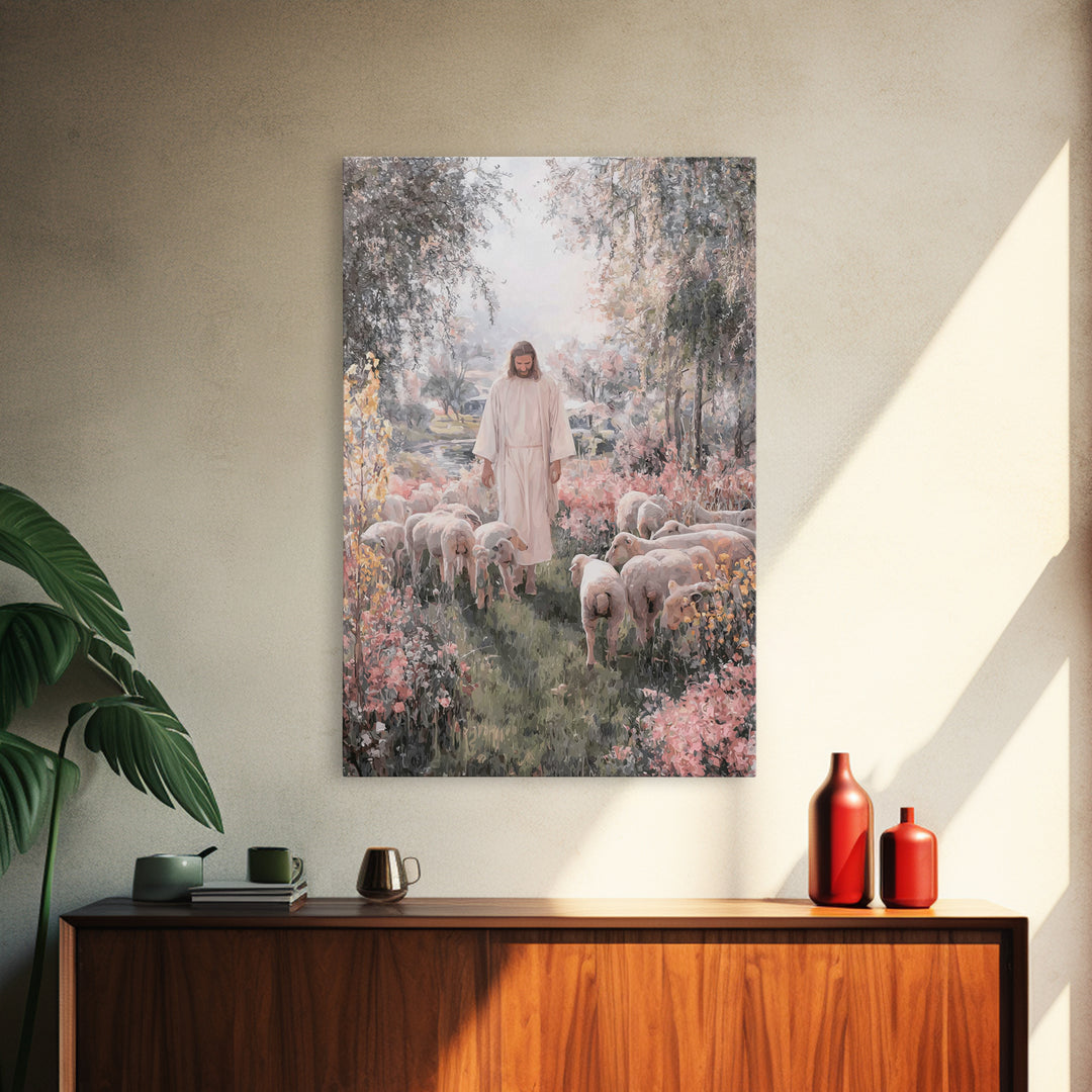 Shepherd In Bloom – Framed Canvas Print – Jesus Painting – Christian Art Canvas – Christian Wall Art – Christian Christmas Art – Christian