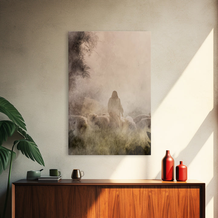 Shepherd In Light – Framed Canvas Print – Christian Wall Art – Christian Art Canvas – Moody Christian Art – Jesus Painting – Christian Gift