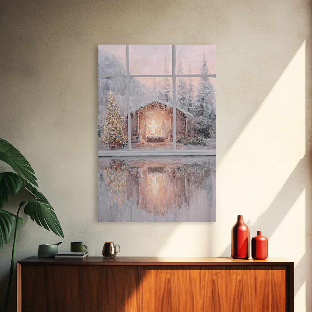 Winter Nativity Glow – Framed Canvas Print – Christmas Wall Art – Christian Christmas Art – Christmas Art Prints – Christian Decor – Framed