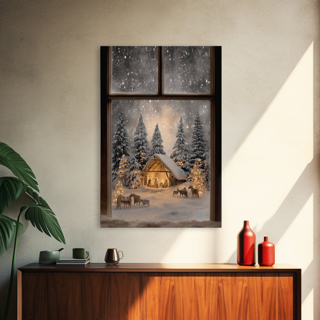 Silent Snow Manger – Framed Canvas Print – Christmas Canvas Wall Art – Christian Christmas Decor – Framed Christmas Art – Christmas Art Pri