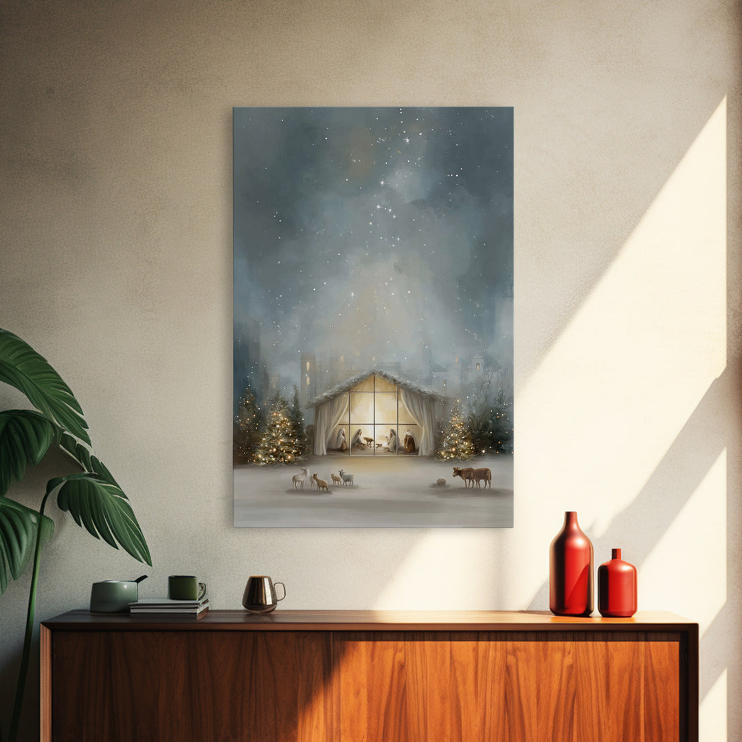 Starry Bethlehem Night – Framed Canvas Print – Christian Christmas Art – Christmas Wall Art – Modern Christmas Art – Christmas Art Prints –