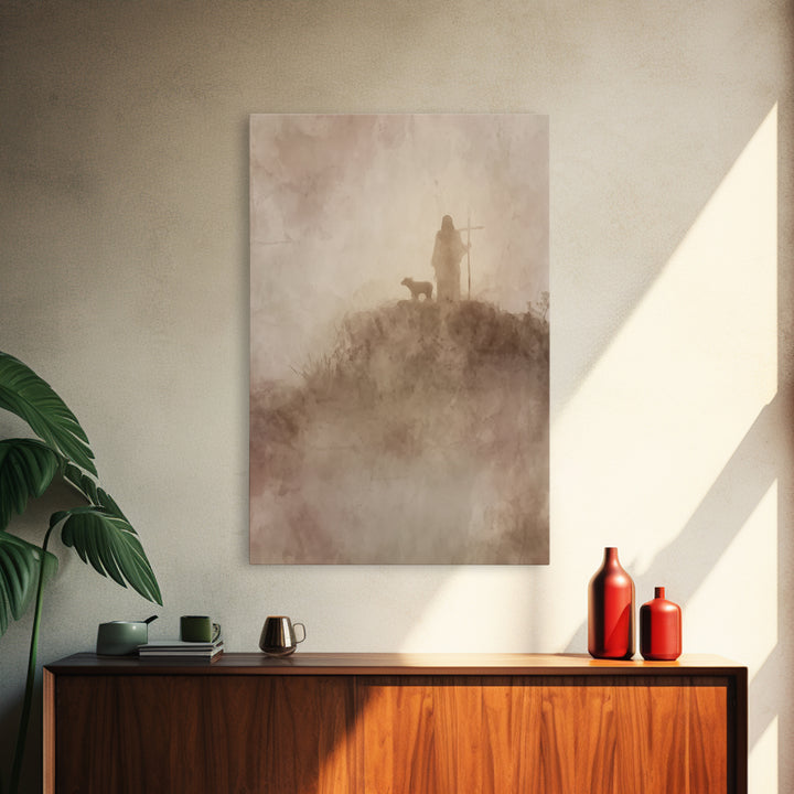 Silent Mist Journey – Framed Canvas Print – Jesus Painting – Christian Art Canvas – Christian Wall Art – Minimalist Christian Art