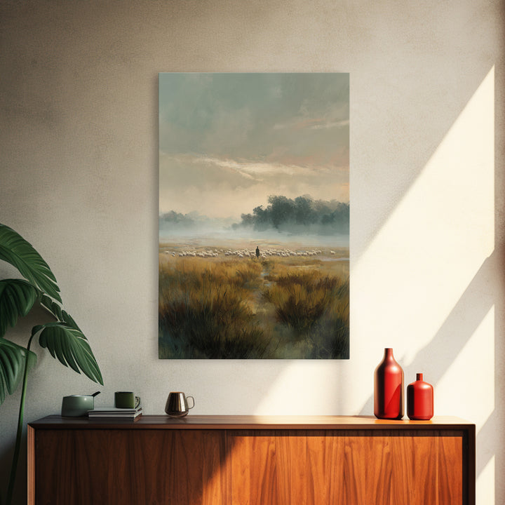 Morning Pasture – Framed Canvas Print – Christian Art Canvas – Christian Wall Art – Christian Painting – Subtle Christian Art – Pastoral Sc