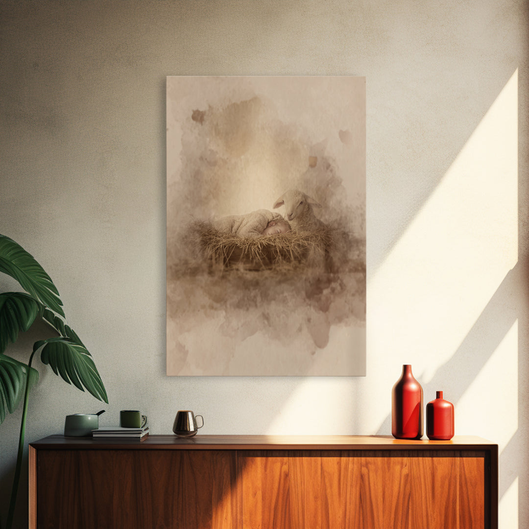 Gentle Manger Rest – Framed Canvas Print – Jesus Painting – Christian Wall Art – Christian Christmas Art – Christian Art Canvas – Christian