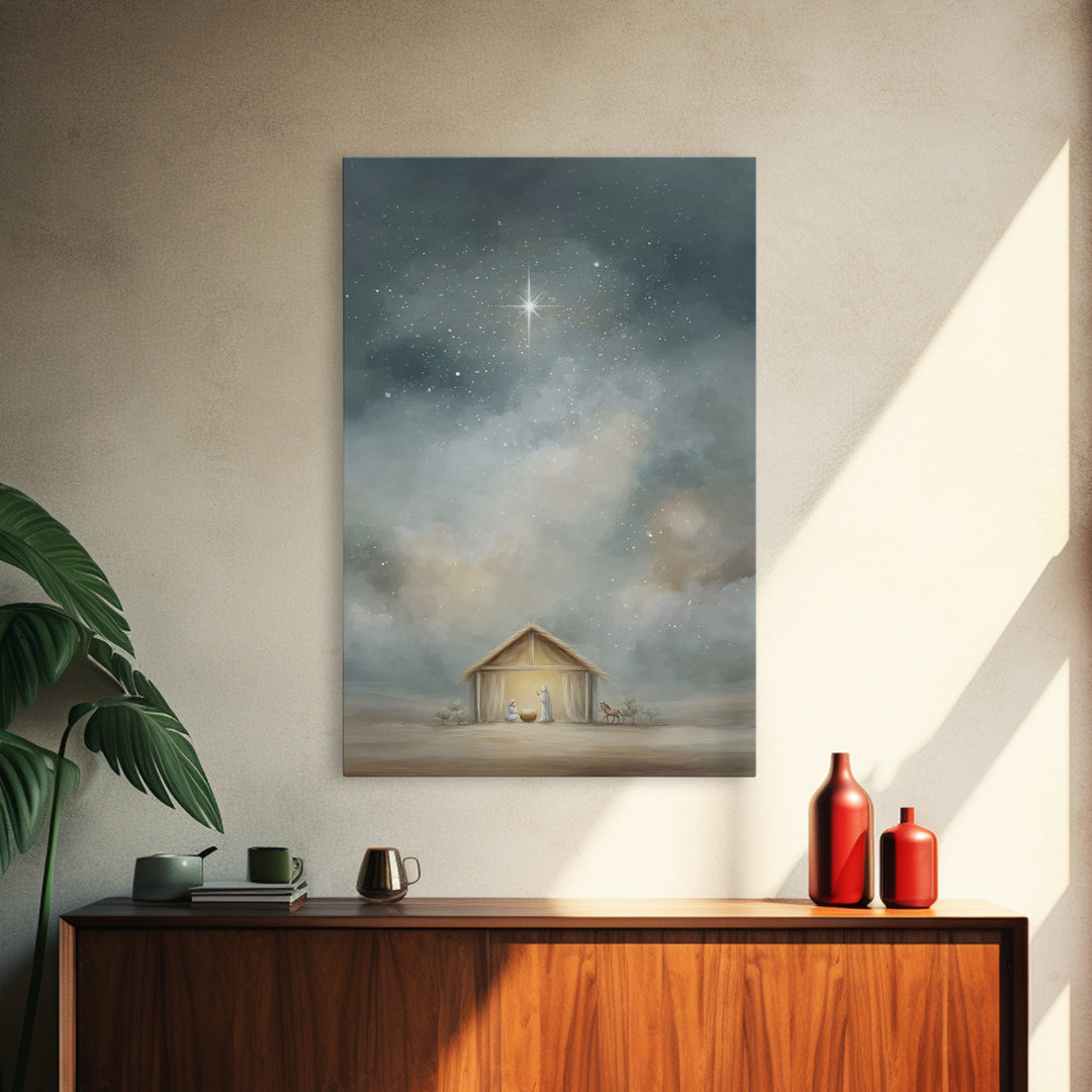 Holy Night Shelter – Framed Canvas Print – Christian Christmas Art – Christian Wall Art – Christmas Art Prints – Jesus Art Print – Christia