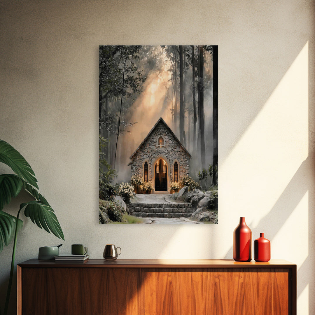 Stone Chapel Light – Framed Canvas Print – Christian Wall Art – Christian Art Canvas – Christian Decor – Moody Christian Art