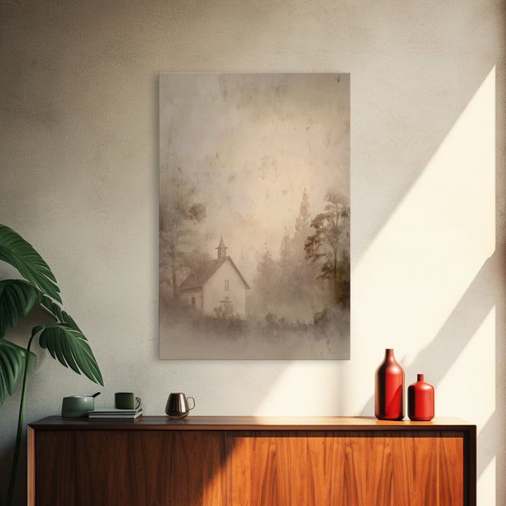 Misty Dawn Chapel – Framed Canvas Print – Christian Art Print – Christian Wall Art – Vintage Christian Art – Christian Christmas Art – Chri
