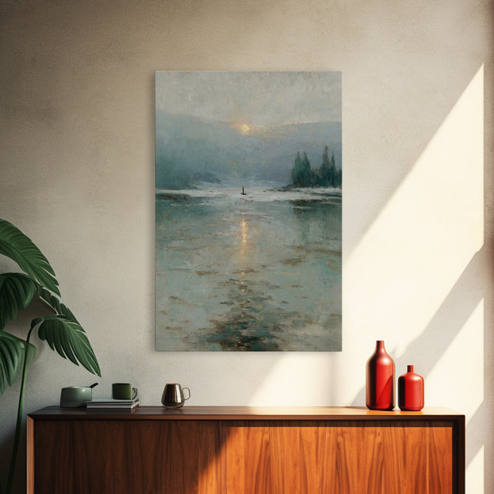 Silent Lake Dawn – Framed Canvas Print – Christian Art Print – Christian Wall Art – Vintage Christian Art – Blue Christian Art – Christian