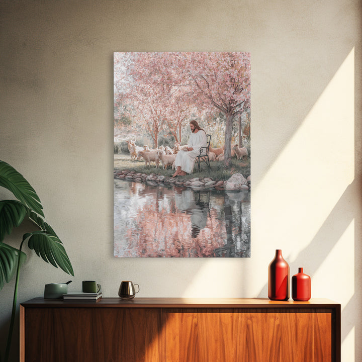 Christ By The Blossoms, Framed Canvas Print, Jesus Art Print, Christian Wall Art, Christian Art Canvas, Christian Decor, Subtle Christian A