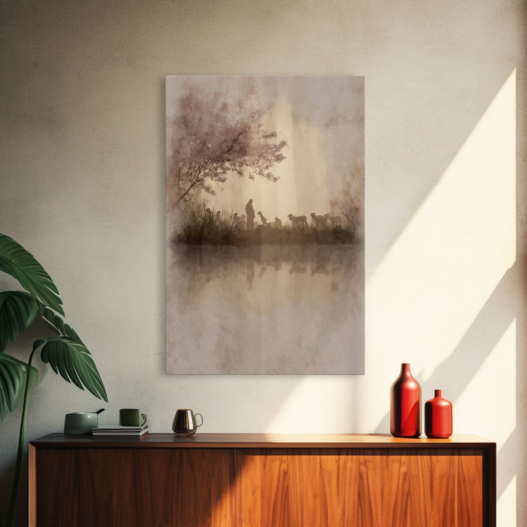 Gentle Shepherd Light | Framed Canvas Print | Christian Wall Art | Christian Art Canvas | Pastoral Scenery | Minimalist Christian Art | Chr