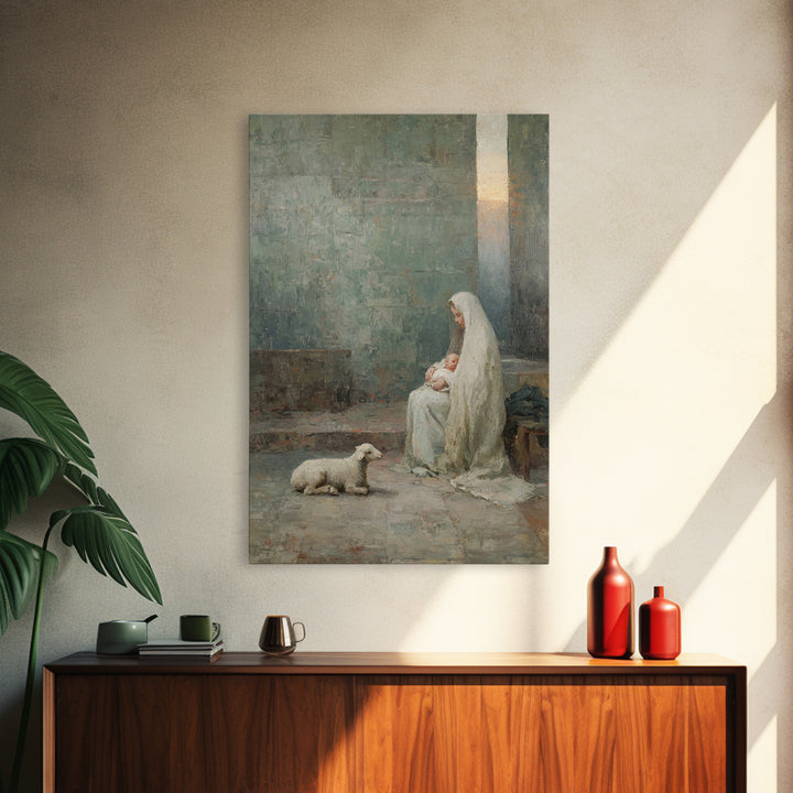 Silent Manger Grace – Framed Canvas Print – Christian Wall Art – Christian Art Canvas – Mary And Jesus Painting – Christmas Art – Christian