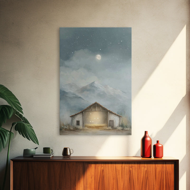 Moonlit Stable Calm | Framed Canvas Print | Christian Art Canvas | Christian Wall Art | Christmas Art | Christian Christmas Decor | Faith A