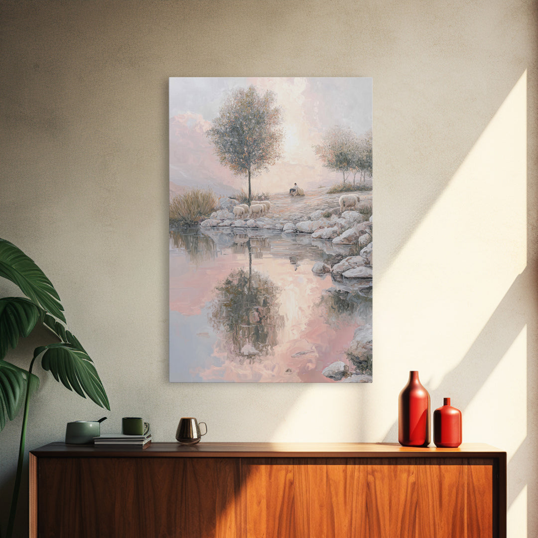 Pasture Reflections – Framed Canvas Print – Christian Wall Art – Christian Art Canvas – Moody Christian Art – Christmas Art – Christian Pai